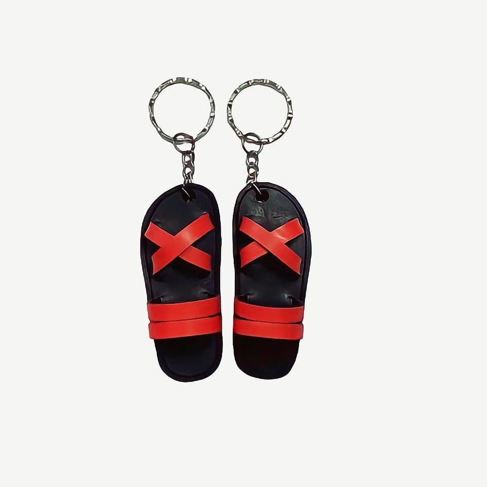 Handmade Recycled Tire Mini Sandal Keychain – Red Strap MK001 1